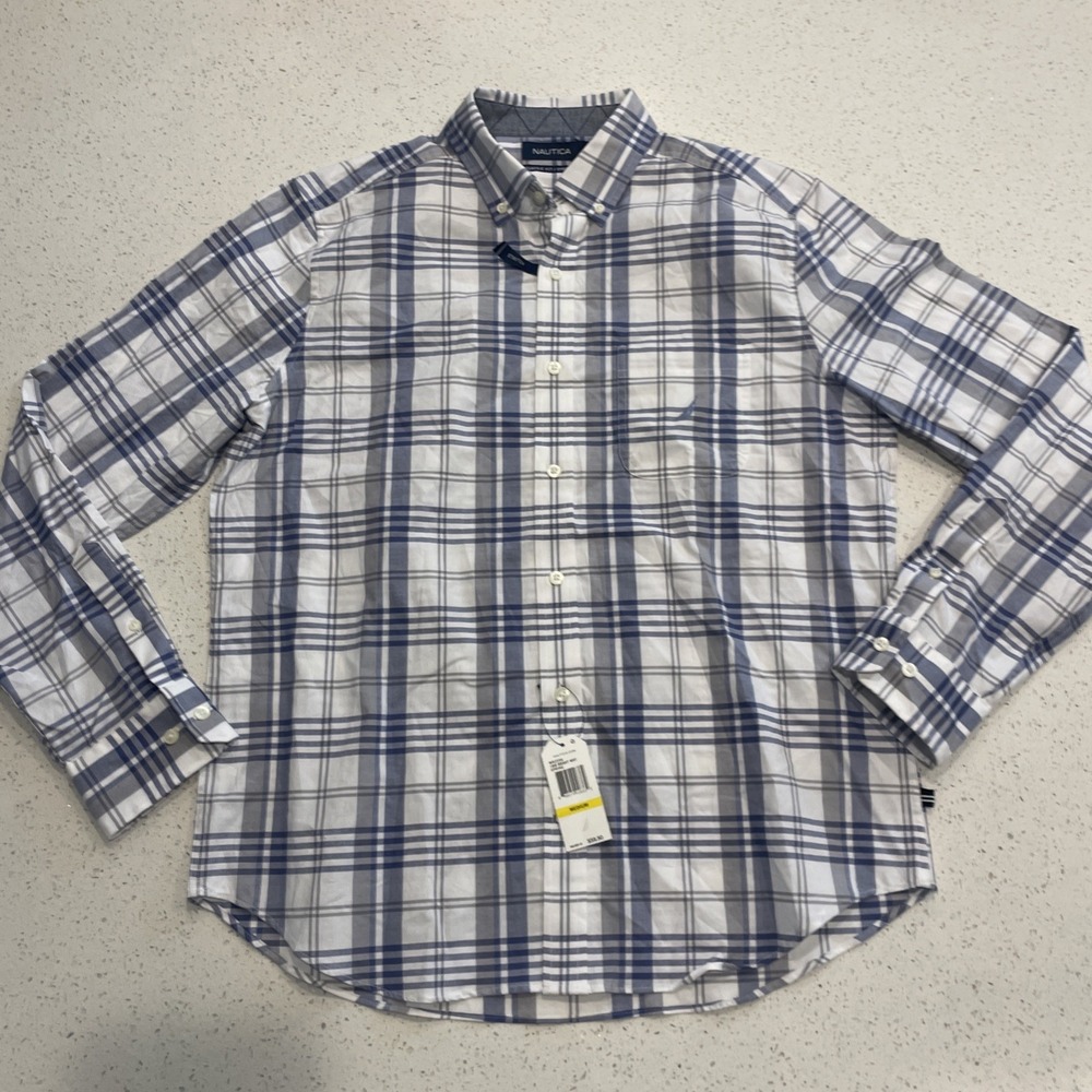 NWT NAUTICA Classic Fit Pocket Stretch L/S Poplin Shirt Blue & White Sz M